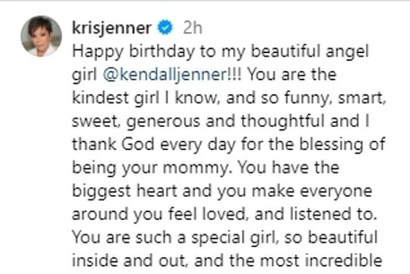 Кендалл Дженнер получила множество поздравлений с днем рождения от своей семьи