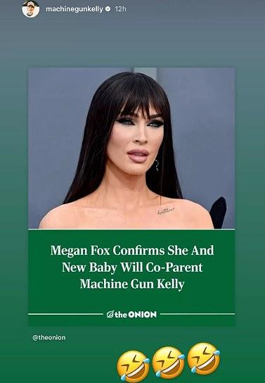 Во вторник 34-летний рэпер поделился шуточной новостью The Onion: "Меган Фокс подтвердила, что они с новорожденным будут воспитывать Machine Gun Kelly".