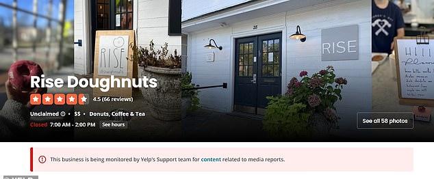 Рейтинг Rise Doughnuts на Yelp — 4.5 звезды. Новые отзывы временно приостановлены из-за мониторинга Yelp в связи с недавними сообщениями в СМИ.