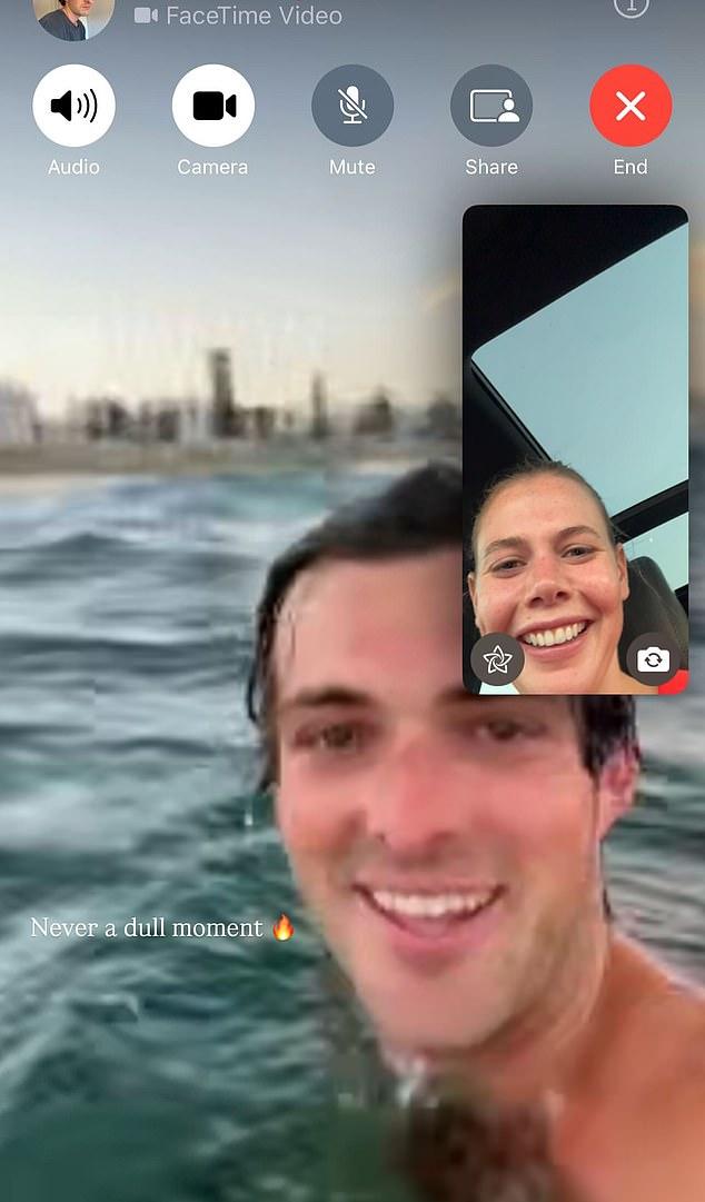 На третьем фото пара общается по Facetime. Генри прервался от купания в океане, а Лусия сияет от счастья, говоря с любимым.