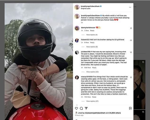 В одном из шаблонных постов Бруклина в соцсетях: "Весь мой мир, люблю тебя вечно, всегда выбираю тебя, детка".