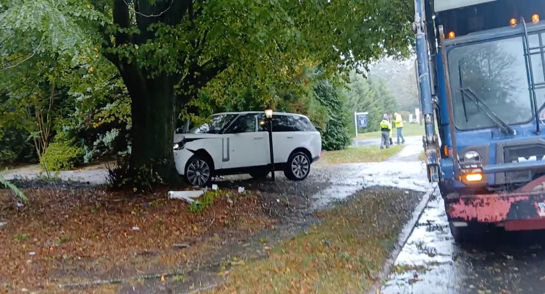 Белый Range Rover врезался в дерево.