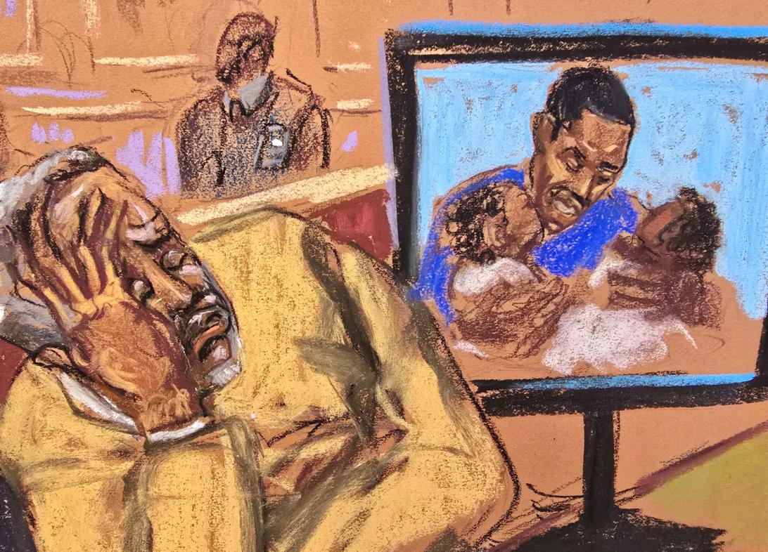 Иллюстрация плачущего Шона "Дидди" Комбса на оглашении приговора, с изображением его с детьми на экране.