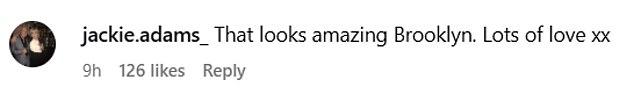 Блюдо впечатлило бабушку Бруклина, Джеки Адамс (маму Виктории), которая похвалила его: "Потрясающе, Бруклин! Много любви xx"