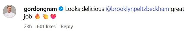 Одобрительно он написал: «Выглядит очень вкусно, @brooklynpeltzbeckham, молодец!»