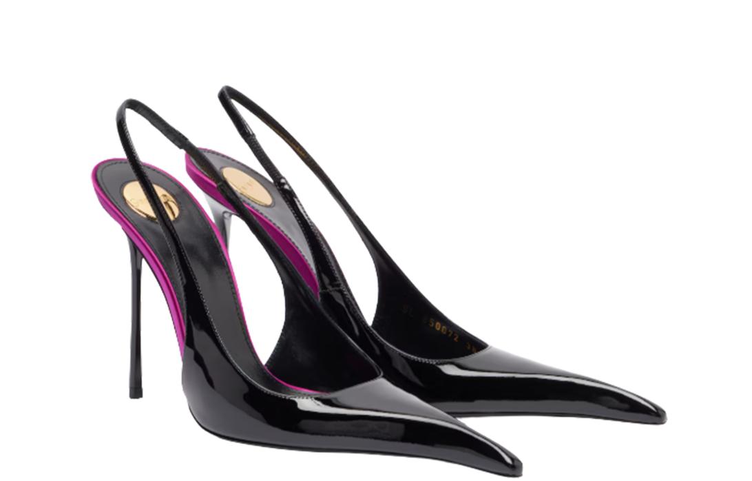 Элегантные черные лакированные туфли-слингбэки с ярко-фуксиевой подкладкой.