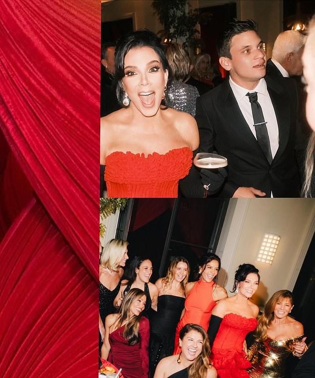 Дженнер дополнила элегантное красное платье черными оперными перчатками и сверкающими рубиновыми украшениями, потягивая эспрессо-мартини и позируя с многочисленными гостями.