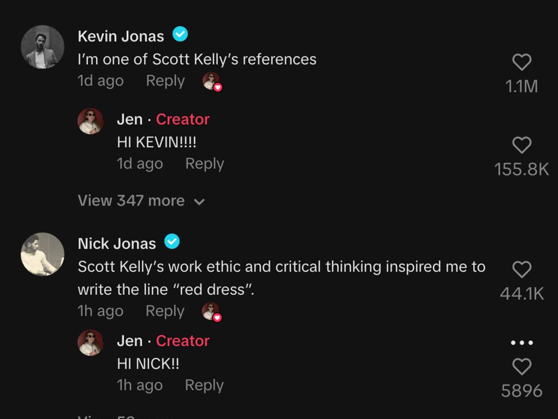 Скриншоты: Кевин и Ник Джонас отвечают TikTok-автору Джен, назвав себя поручителями Скотта Келли.