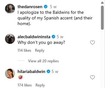 Скриншот Instagram-переписки: thedanrosen извиняется перед Болдуинами, Алек прогоняет его, Хилария отвечает эмодзи.