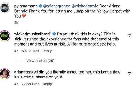 Безумный фанат, который перепрыгнул через ограждение и бросился прямо к Ариане Гранде во время сингапурской премьеры фильма «Злая: Во имя добра», теперь обвиняется в правонарушении