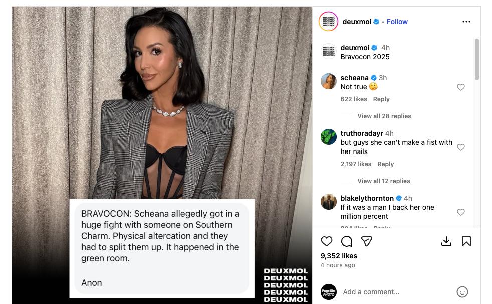 Пост deuxmoi с Шиной Шей (клетчатый блейзер, чёрный корсет), обсуждающий слухи о драке на Bravocon и комментарии пользователей.