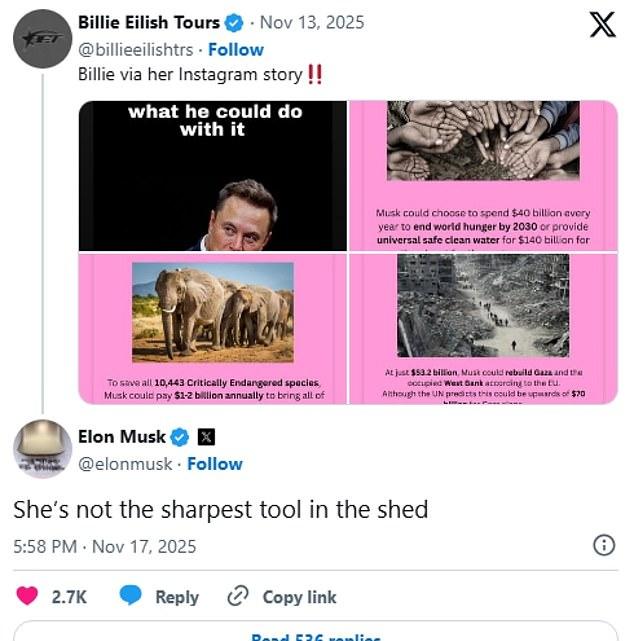 В ответ на пост фан-аккаунта Eilish в X, Маск написал: «Она не блещет умом».