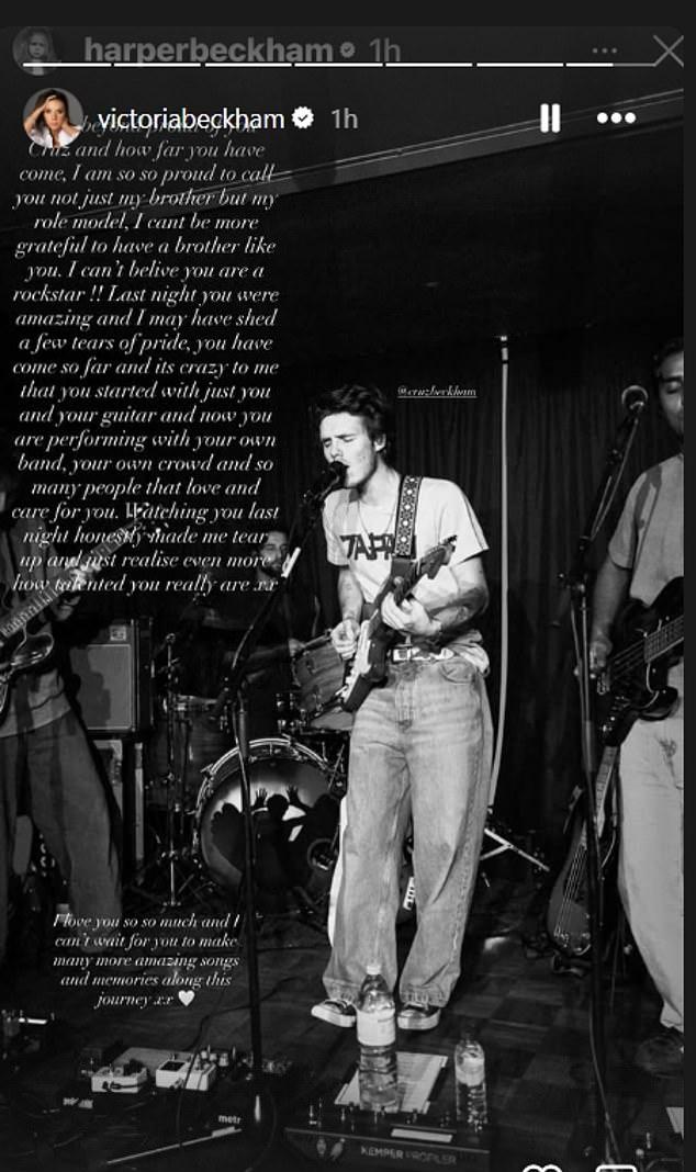 Мама Виктория гордо показала трогательное посвящение от 14-летней Харпер брату (20 лет), вспомнившему свой музыкальный путь: от гитары до собственной группы.