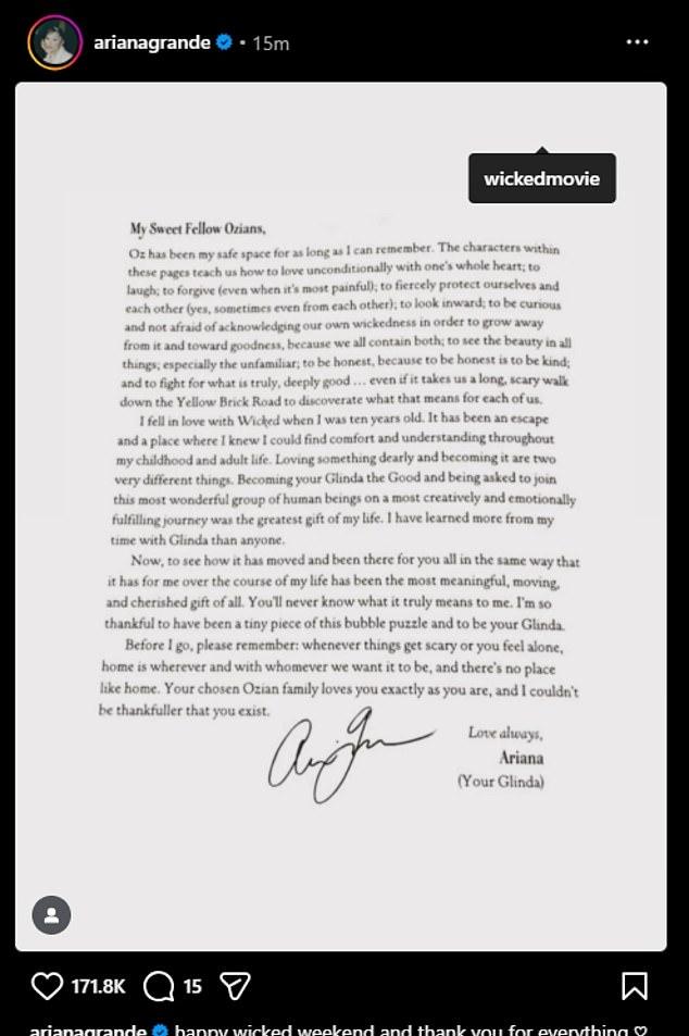 Звезда опубликовала пост в соцсетях, когда «Злая: За добро» возглавила прокат, став одной из успешнейших музыкальных адаптаций за последнее время.