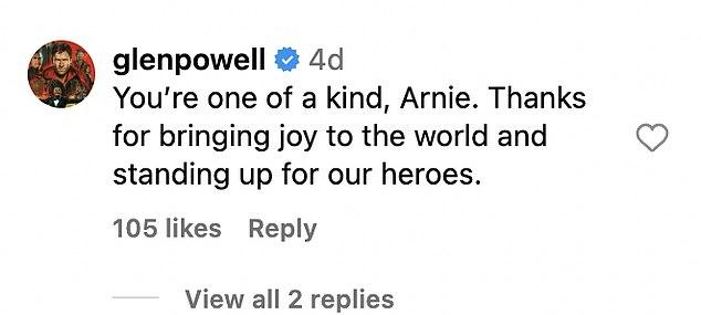 Актер Глен Пауэлл написал Арни: "Ты неповторим! Спасибо за радость миру и поддержку наших героев."