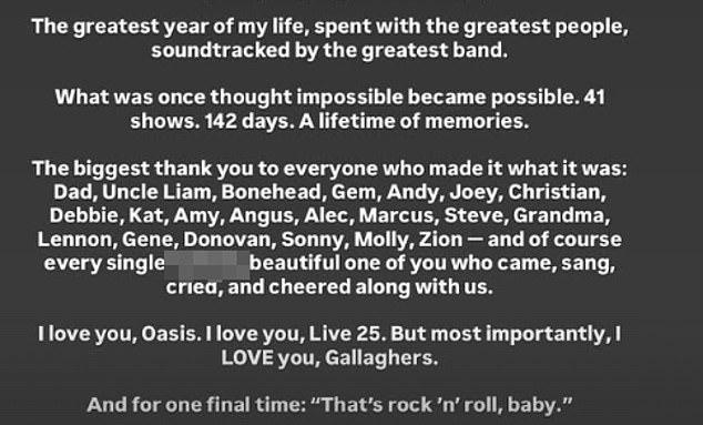 Дочь Ноэля, 25-летняя Анаис, тоже опубликовала фото с друзьями с мировых концертов, присоединившись к словам кузенов.