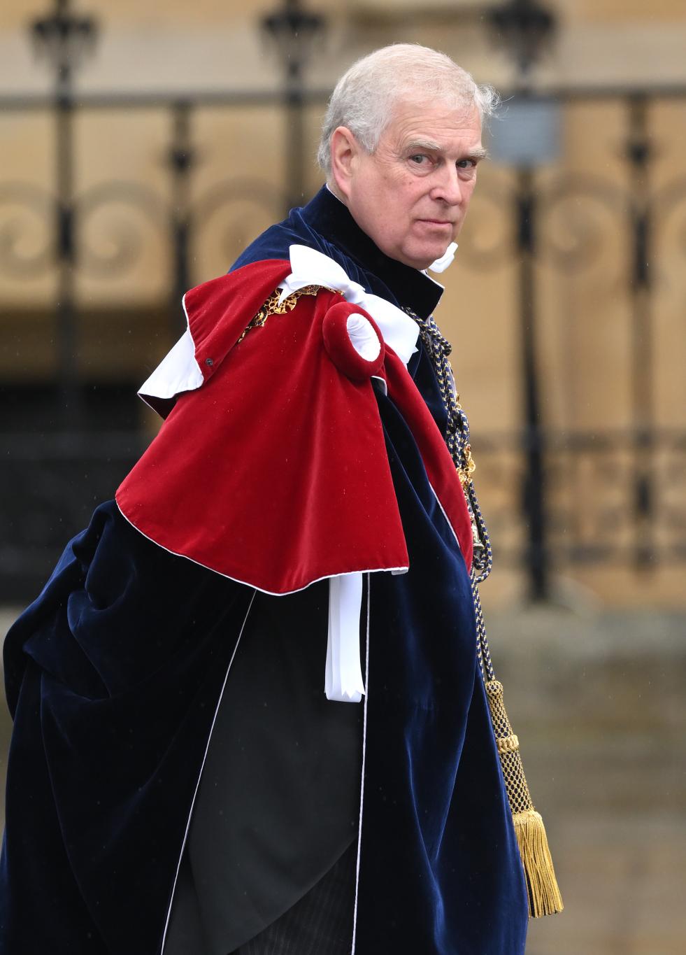 Принц Эндрю, герцог Йоркский, в парадных мантиях после коронации короля Карла III.
