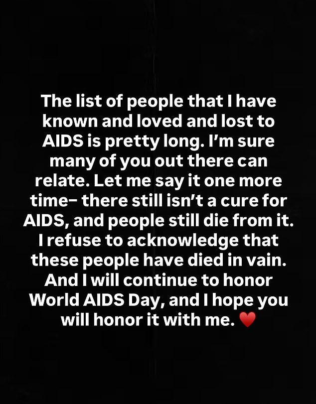 Сегодня — Всемирный день борьбы со СПИДом. Четыре десятилетия этот день повсеместно признан, ведь кризис ВИЧ затронул миллионы жизней, — написала она.