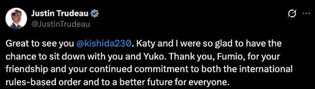 Трюдо, перепостив фото Кисиды, написал: "Рад вас видеть, @kishida230! Мы с Кэти были рады пообщаться с вами и Юко".