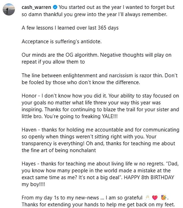 Кэш Уоррен подвел итоги 2025 года в посте в Instagram, опубликованном в среду, в канун Нового года