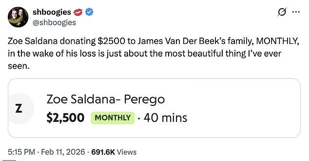 Зои Салдана оказала поддержку семье Джеймса Ван Дер Бика после его смерти в 48 лет