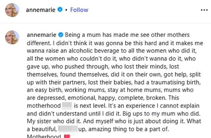Энн-Мари призналась, что материнство заставило ее по-новому взглянуть на других мам, в посте ко Дню матери, опубликованном в Instagram в воскресенье