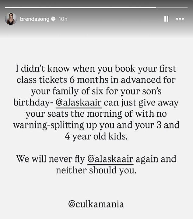 Бренда Сонг обрушилась с критикой на Alaska Airlines за испорченную семейную поездку
