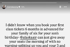 Бренда Сонг обрушилась с критикой на Alaska Airlines за испорченную семейную поездку