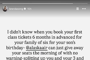 Бренда Сонг обрушилась с критикой на Alaska Airlines за испорченную семейную поездку