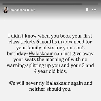 Бренда Сонг обрушилась с критикой на Alaska Airlines за испорченную семейную поездку