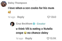 Круз Бекхэм ответил на едкое замечание тролля о разнице в возрасте с его девушкой Джеки Апостел, остроумно вспомнив о знаменитой диете своей матери