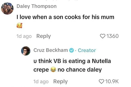 Ещё один Бекхэм-кулинар? Круз Бекхэм ответил на едкое замечание тролля о разнице в возрасте с его девушкой Джеки Апостел, напомнив о знаменитой диете своей матери