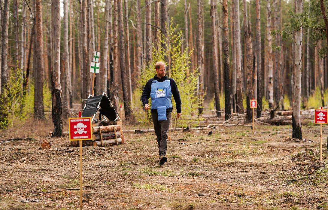 Принц Гарри в синем жилете HALO Trust на фоне знака опасности, идет по лесной поляне.