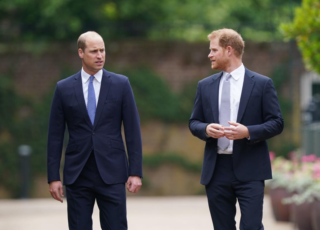 Братья Уильям и Гарри в темных костюмах идут рядом, глядя друг на друга.