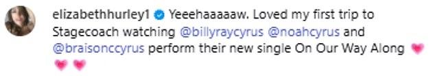 Ура! Лиз написала: "Потрясающая первая поездка на Stagecoach! Слушала выступление Billy Ray, Noah и Braison Cyrus с их новым синглом 'On Our Way'."