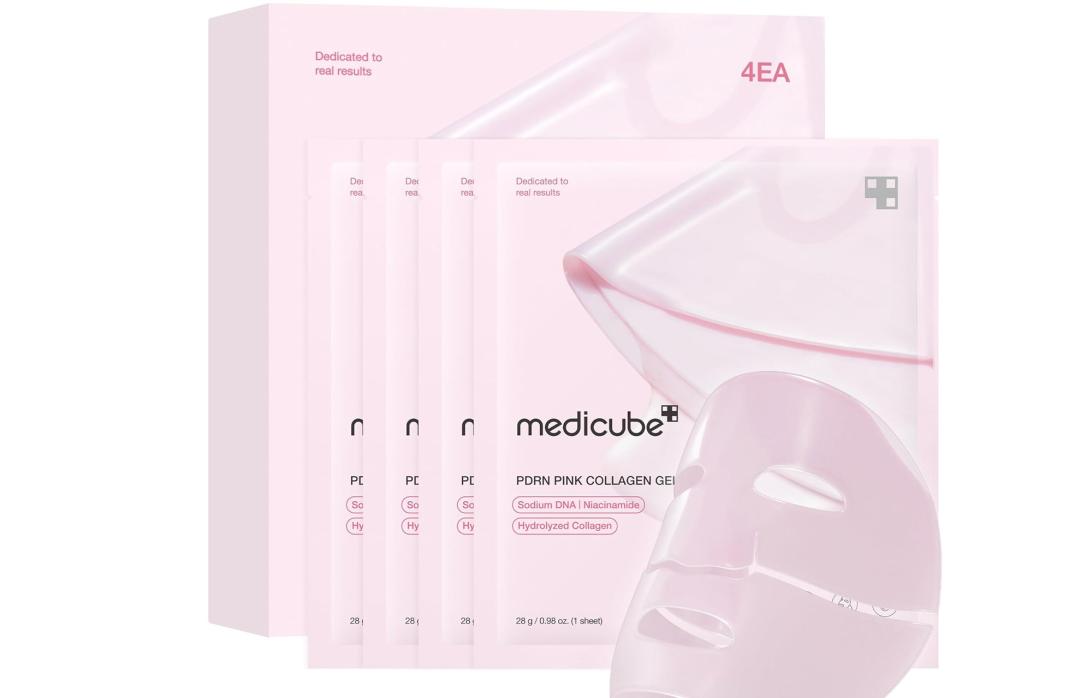 Упаковка масок Pink Medicube PDRN Pink Collagen Gel: стопка индивидуальных масок и коробка с надписью "4EA".