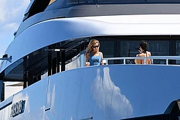 Bella Hadidshowcased her jaw-dropping figure in a blue swimsuit as she soaked up the sun on a yacht in France on Monday
