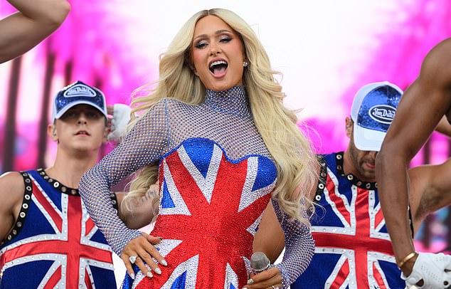 Paris Hiltonchannelled her inner Ginger Spice as she donned a Union Jack dress to perform at the 2026 Brighton & Hove Pride Party in the Park at Preston Park on Sunday