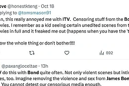 Поклонники Джеймса Бонда были возмущены в воскресенье днем, когда ITV вырезал знаменитую сцену из фильма «Завтра не умрет никогда» в угоду «повестке дня»